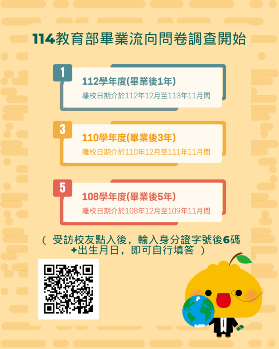 114年畢業流向調查已開始，請調查年度範圍內畢業生協助填答!!!(另開新視窗/png檔)圖片